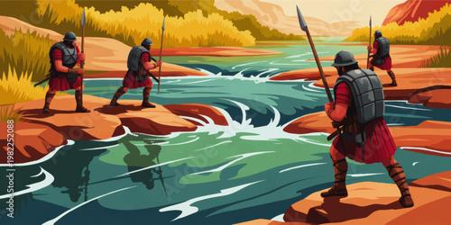 Ancient Roman Soldiers Crossing River in Desert Landscape, Spear Patrol Exploration Scene, Historical Military Vector Illustration