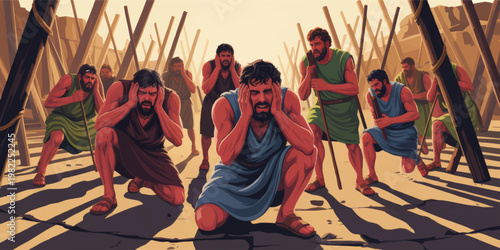 Ancient Biblical Siege Scene with Men Covering Ears Amid Trumpet Blast, Dramatic Desert Encampment Illustration