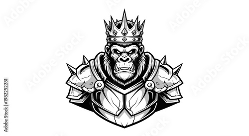 King gorilla illustration in armor wearing a crown against white background