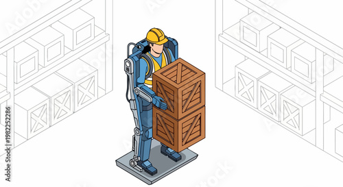 Isometric Illustration of Warehouse Worker Using Exoskeleton Suit to Lift Heavy Wooden Crates for Industrial Logistics and Future Technology Concepts