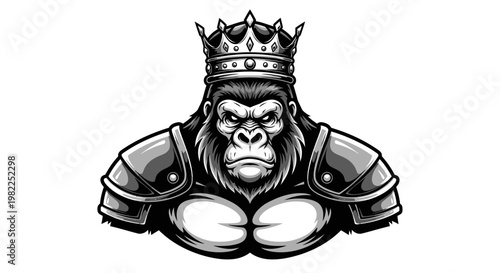 King gorilla illustration powerful animal wearing crown and armor isolated