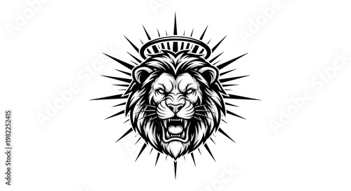 Lion head illustration with halo and radiant background in black and white