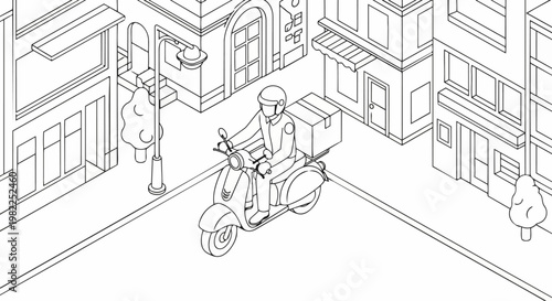 Courier Delivering Package on Scooter in City Street, Isometric Line Art Illustration for Coloring Page and Educational Materials