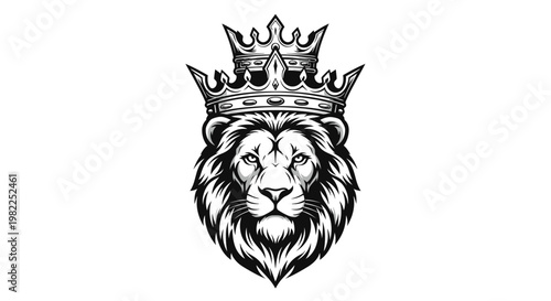 Lion head wearing a crown illustration in black and white on white background