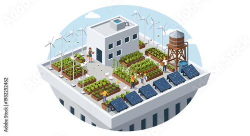 Sustainable urban rooftop garden with solar panels and wind turbines