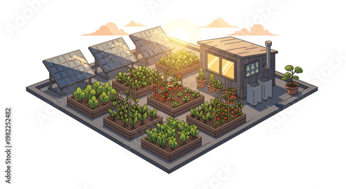 Isometric illustration of a small garden with a house and greenhouses