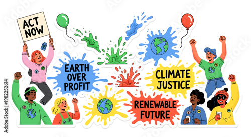 Climate Change Activism Illustration with Diverse People and Slogans