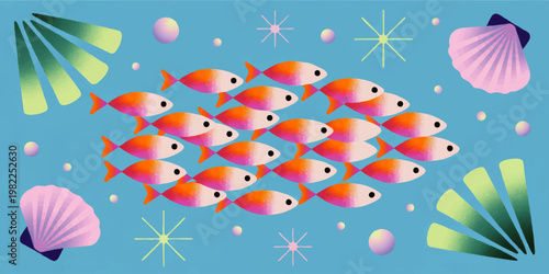 Colorful school of tropical fish swimming in blue ocean with seashells, coral and starbursts, playful underwater illustration