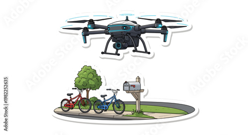 Drone flying over bicycles on a park path with tree