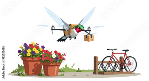 Drone delivering package to cyclist with flowers