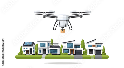 Drone delivering package to residential houses