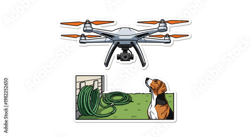 Drone flying over dog watching snake in garden