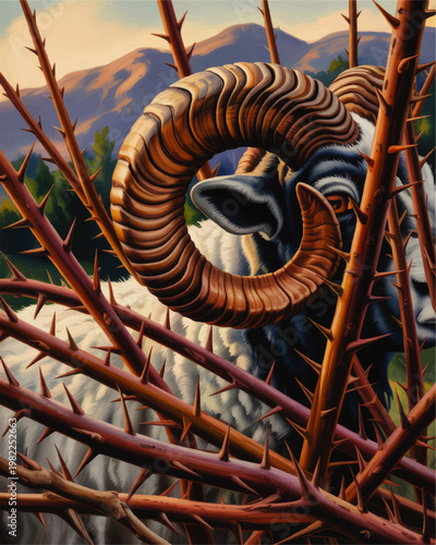 Majestic ram with massive curled horns behind thorn branches in mountain landscape, dramatic wildlife illustration art