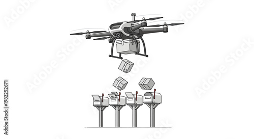 Drone delivering packages to people on table