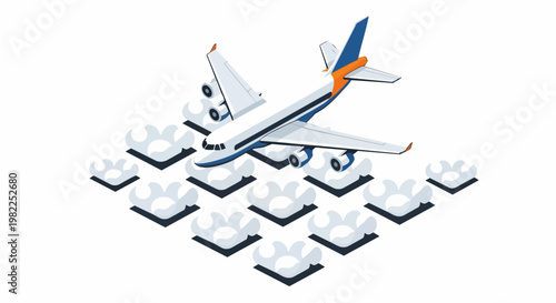 Isometric 3D Airplane Flying Over Stylized Clouds, Vector Illustration of Commercial Aircraft for Global Travel, Aviation, and Transportation Concept