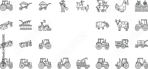 Farming and Agriculture Line Icon Set with Tractor Farmer Livestock Crops Machinery and Rural Equipment Outline Vector Collection
