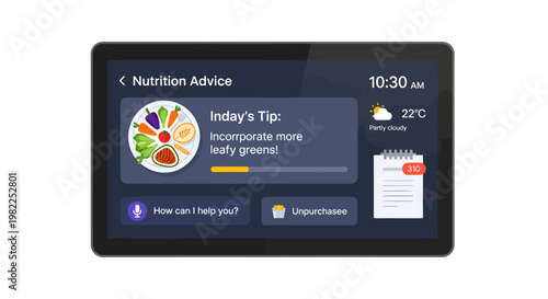 Nutrition advice on a tablet screen with healthy eating tips and weather forecast