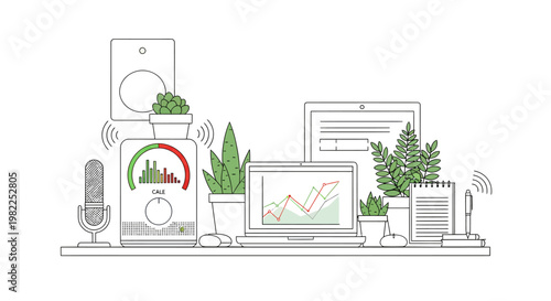 Modern home office workspace with laptop and plants