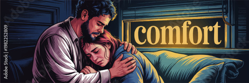 Compassionate man comforting distressed woman in bed, emotional support scene, empathy, care, healing, intimate illustrated interior