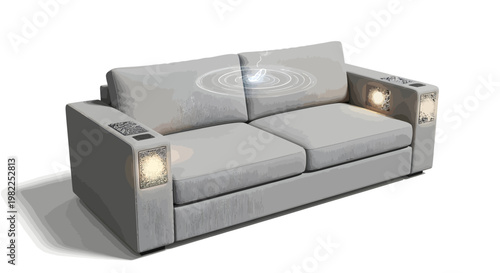 Modern gray couch with built-in lights and cup holders