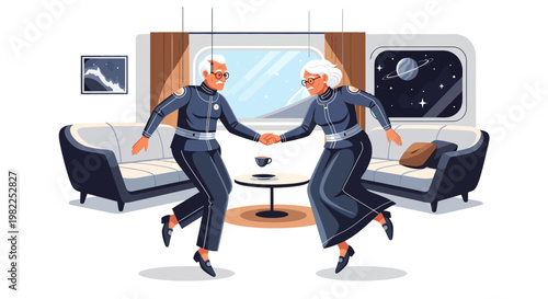 Two astronauts dancing in space station interior with window view