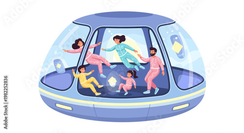 family fun in futuristic transparent bubble vehicle interior