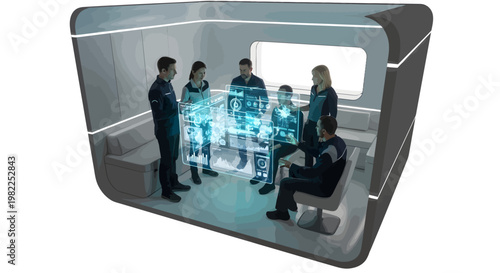 Group of business people discussing holographic projections in a meeting room