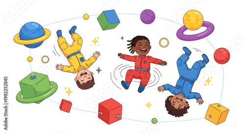 Diverse children playing with toys and planets in space