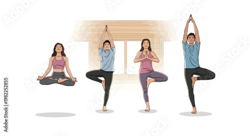 Group of people practicing yoga in different poses together