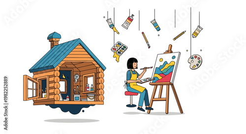 artist painting in tiny house on wheels with art supplies