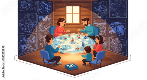 Family playing board game together at home in evening