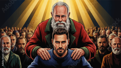 Powerful Generational Influence Concept Illustration with Elderly Patriarch Guiding Younger Man Before a Crowd Under Golden Light