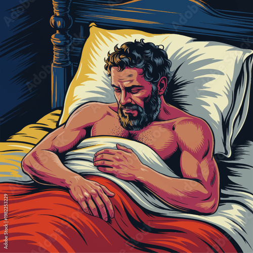Bearded man sleeping in bed at night, cozy bedroom scene with pillow and blanket, vintage vector illustration