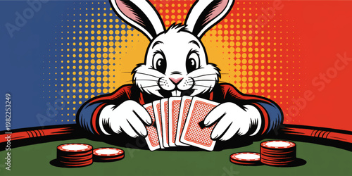 Pop Art Rabbit Poker Player Holding Cards at Casino Table with Chips, Comic Halftone Illustration in Bold Red Blue Yellow
