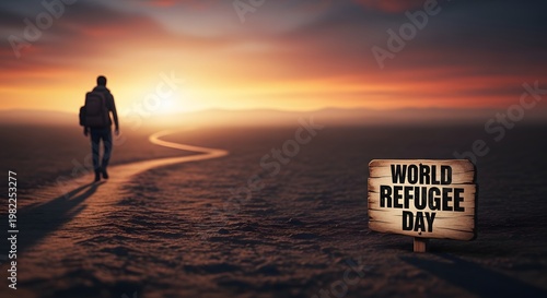 Lone traveler walking towards horizon on world refugee day concept