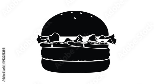 A stark black silhouette depicts a classic cheeseburger with visible layers and sesame seeds high quality
