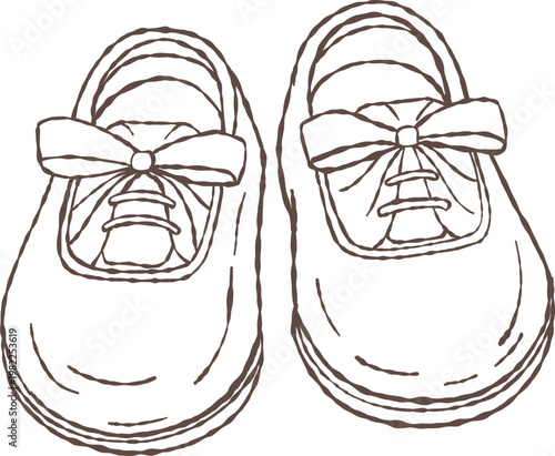 Vintage baby shoes in doodle line art style. Hand-drawn outline of classic infant footwear with a bow, minimal and delicate. Symbol of childhood and innocence. Perfect for baby shower, christening, an
