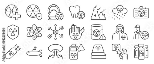 Nuclear icon set. It includes radiation, radioactive, medical, treatment, and more icons. Editable Vector Stroke.