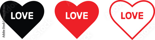 Three heart shapes with love text in different colors