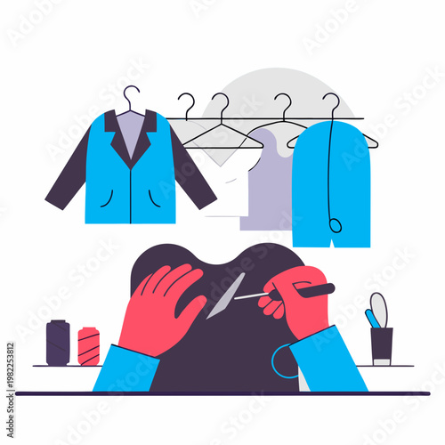 Seamstress tailoring clothes in design studio with sewing tools  