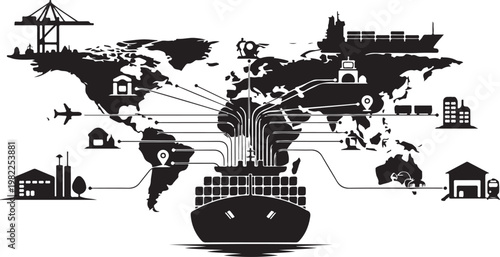 Global Logistics, International Shipping, Supply Chain, Black and White Vector Illustration
