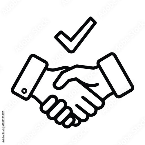Handshake with check mark icon vector deal done black and white background line art handshake agreement
