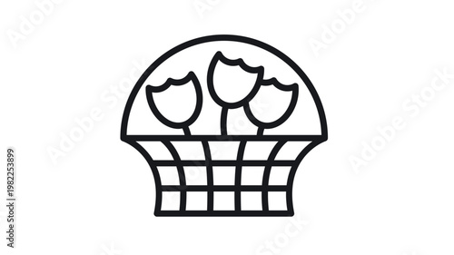 Minimalist black line art vector icon of a woven basket filled with three tulip flowers, elegant floral arrangement illustration for gardening, gift, spring, or florist shop branding.