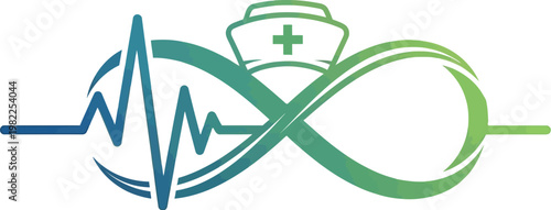 Modern blue and green gradient logo design depicting a continuous healthcare service featuring an ECG heartbeat line, a nurse's cap, and an infinity symbol for medical support.