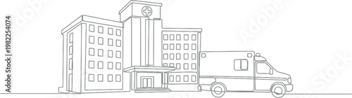 Modern hospital building with an ambulance parked outside rendered in a clean continuous line art style suitable for medical concepts and healthcare service branding projects