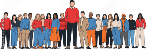 Large diverse group of people standing together in a flat vector illustration style representing community teamwork and social inclusion