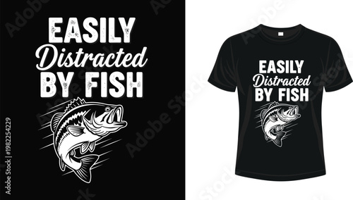 Easily distracted by fish vintage t-shirt design featuring a detailed bass fish jump illustration for fishing enthusiasts and outdoor lovers