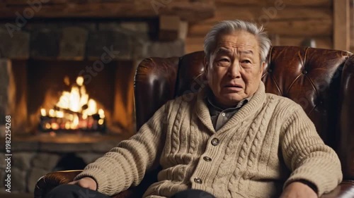 Elderly Asian man experiencing chest pain in front of fireplace