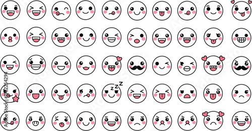 Kawaii emoji face mega collection featuring various cute expressions icons for stickers social media and digital communication vector set