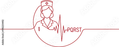 Minimalist line art illustration of a professional nurse wearing a traditional cap integrated with a rhythmic heart beat symbol displayed on a clean white background